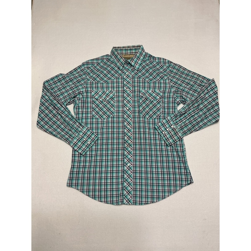 Wrangler Mens Western Shirt Plaid Pearl Snap Turquoise Aqua Long Sleeve Cowboy